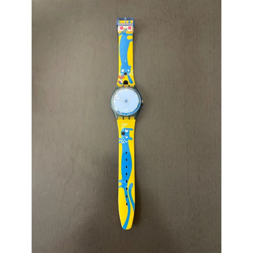 Rare Swatch Watch 2003 Original Gent Blue Cat Mouse YellowStrap GN209 Swiss Made